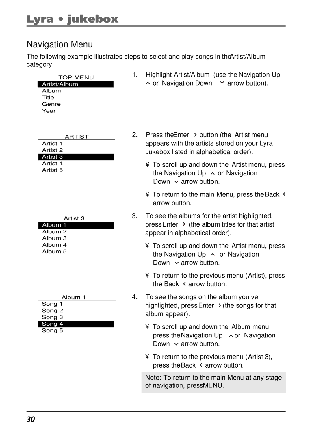 RCA RD2840 manual Navigation Menu 