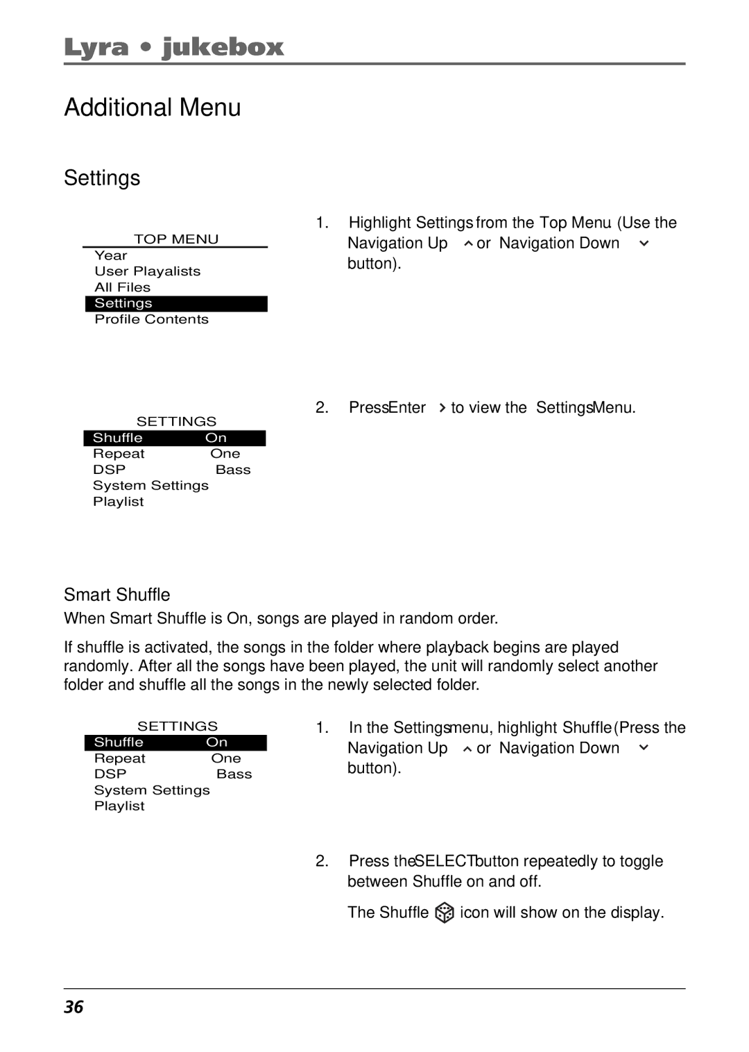 RCA RD2840 manual Additional Menu, Settings, Smart Shuffle 