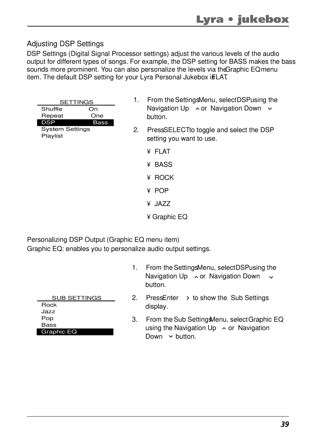 RCA RD2840 manual Adjusting DSP Settings, Personalizing DSP Output Graphic EQ menu item 