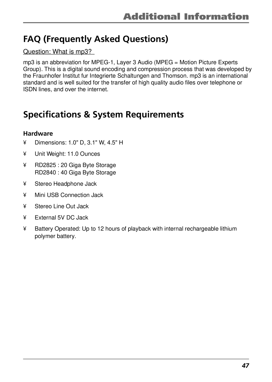 RCA RD2840 manual FAQ Frequently Asked Questions, Specifications & System Requirements, Hardware 