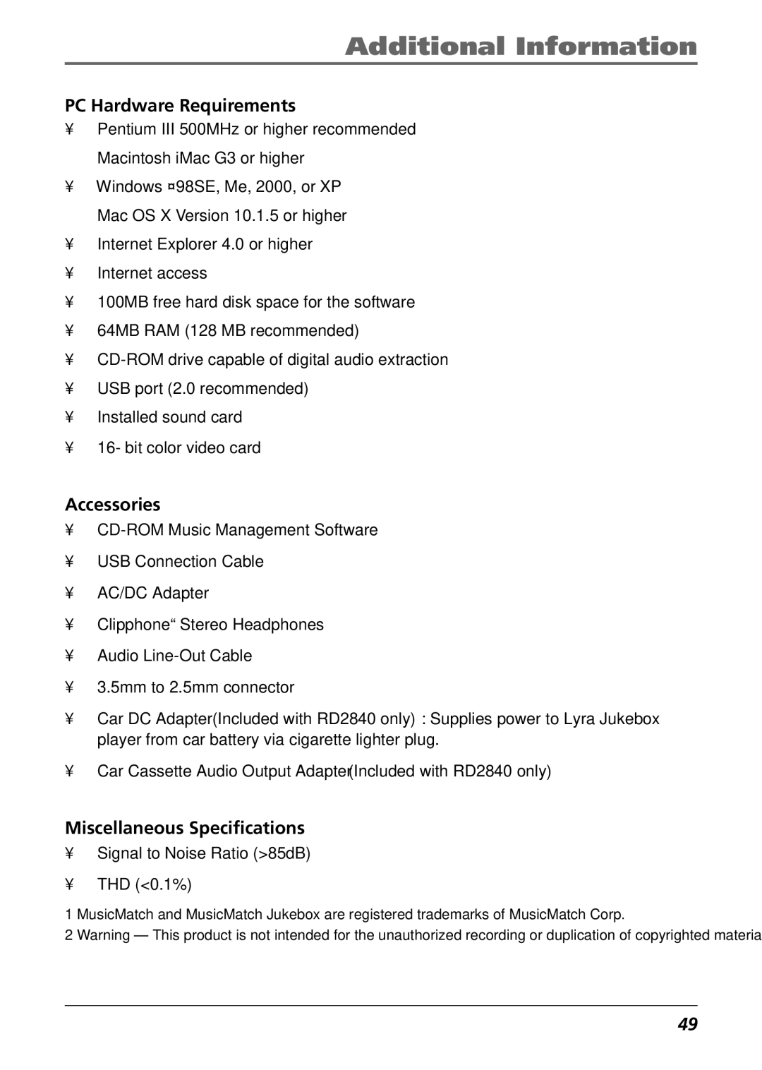 RCA RD2840 manual PC Hardware Requirements, Accessories, Miscellaneous Specifications 