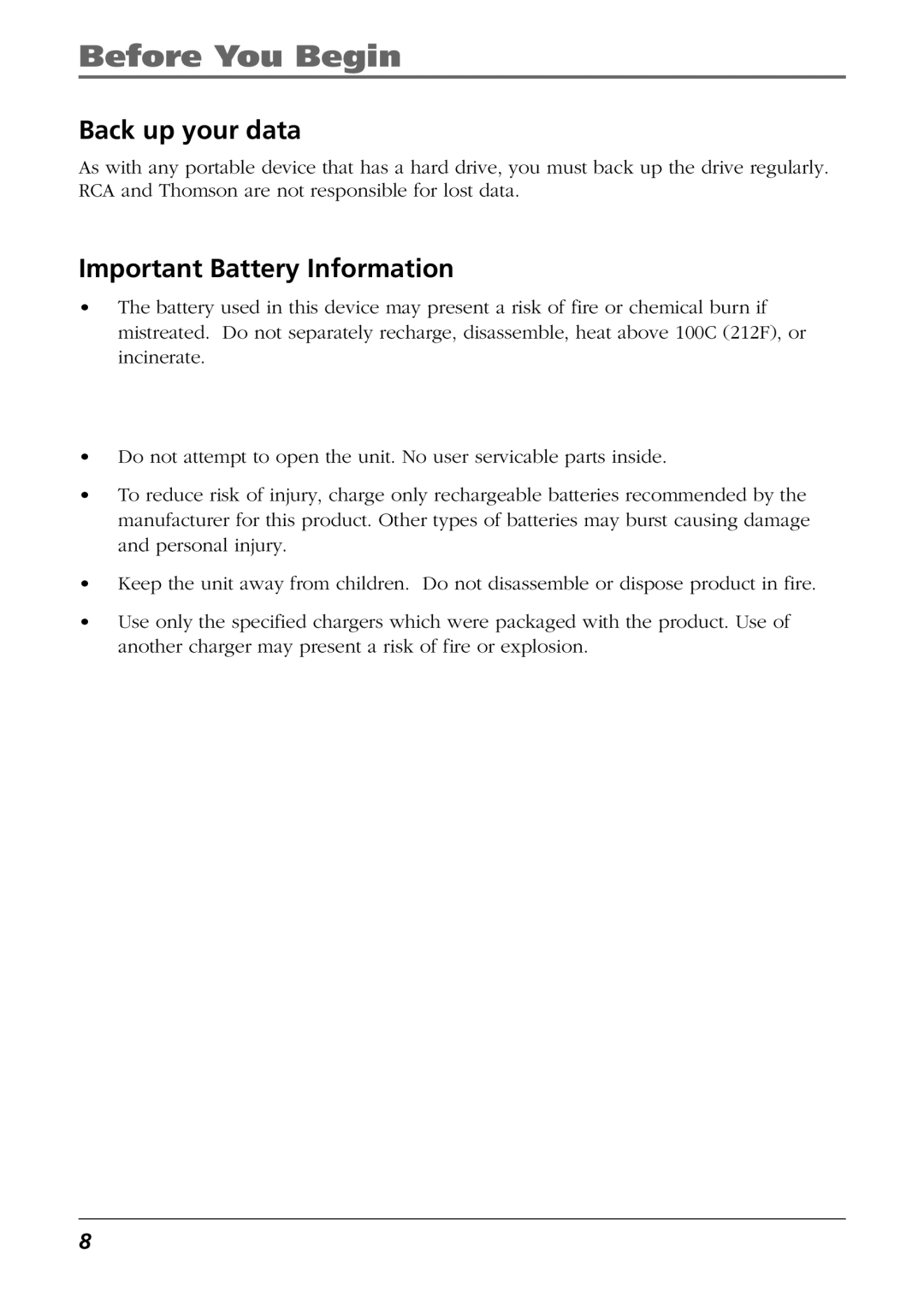 RCA RD2840 manual Back up your data, Important Battery Information 