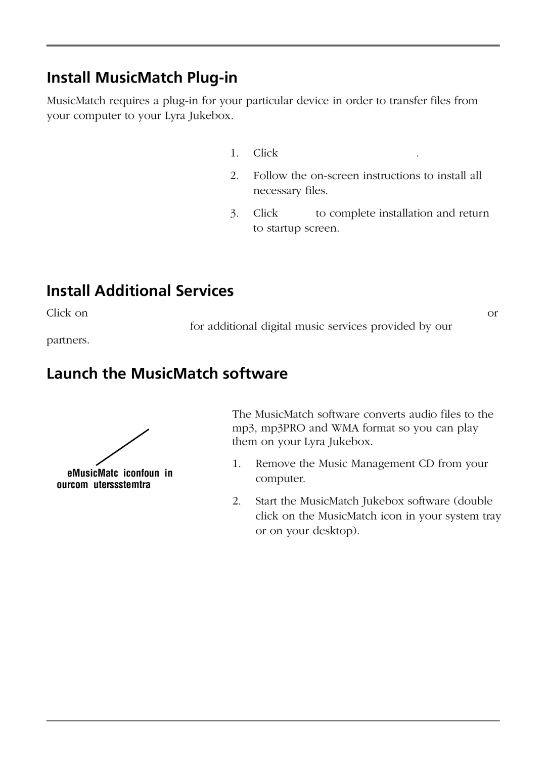 RCA RD2854, RD2850 manual Install MusicMatch Plug-in, Install Additional Services, Launch the MusicMatch software 