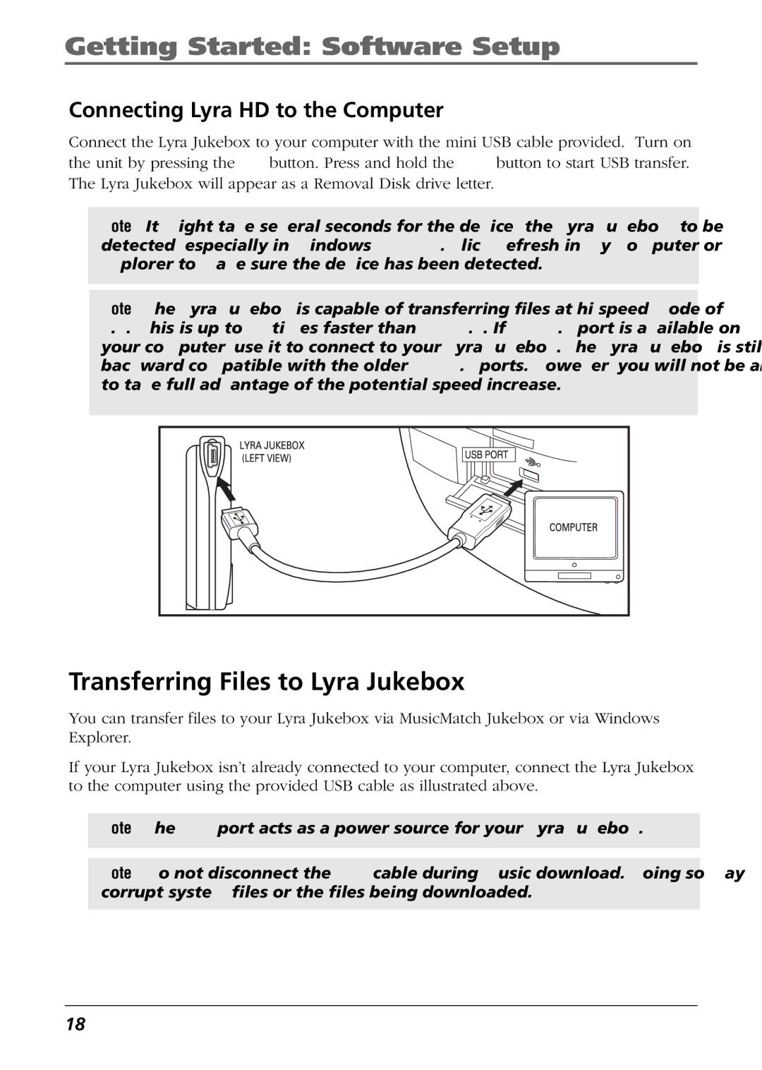 RCA RD2850, RD2854 manual Transferring Files to Lyra Jukebox, Connecting Lyra HD to the Computer 