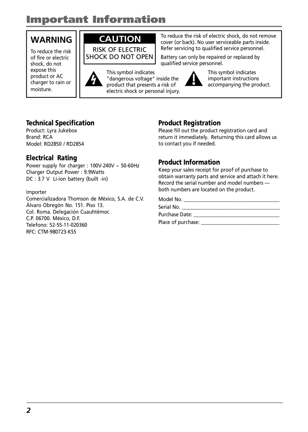 RCA RD2850, RD2854 manual Important Information 