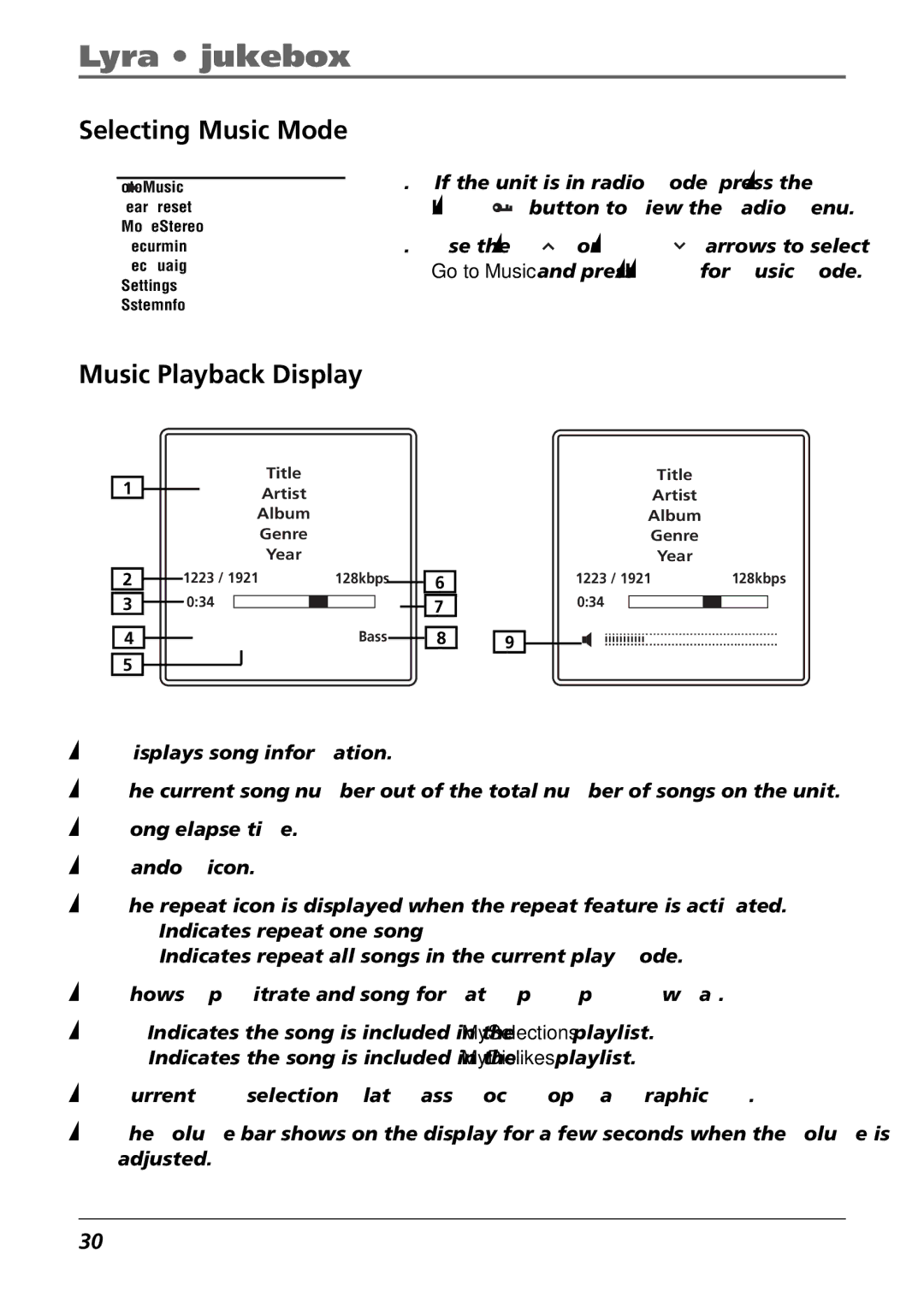 RCA RD2850, RD2854 manual Selecting Music Mode, Music Playback Display 