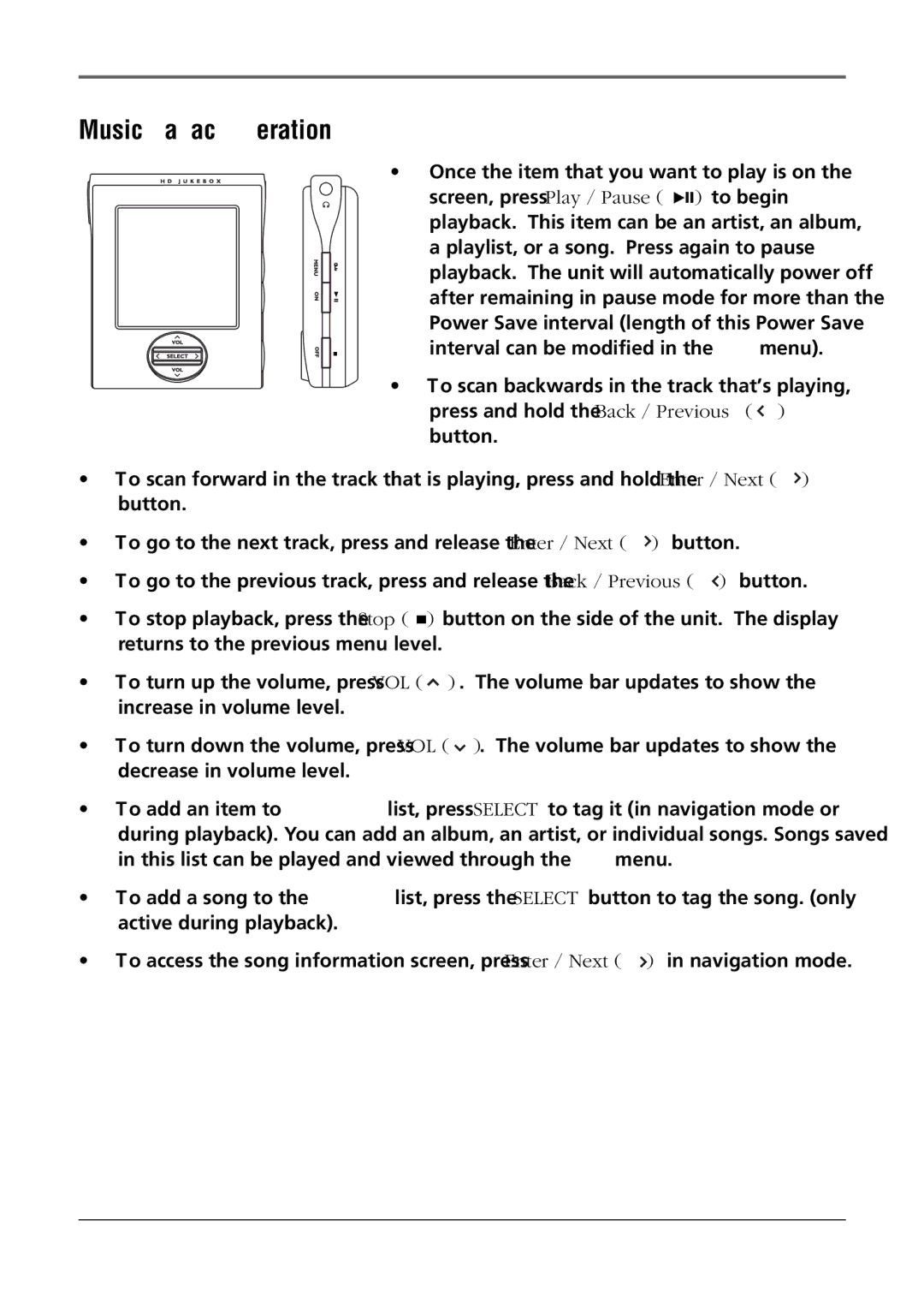 RCA RD2854, RD2850 manual Music Playback Operation 