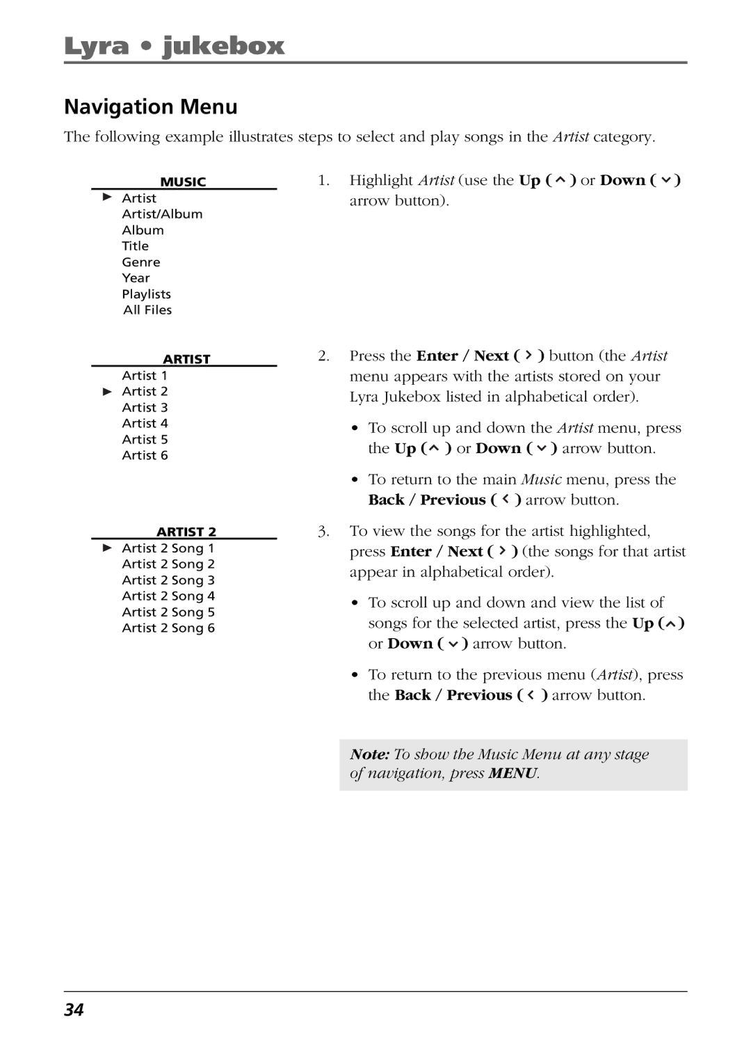 RCA RD2850, RD2854 manual Navigation Menu 