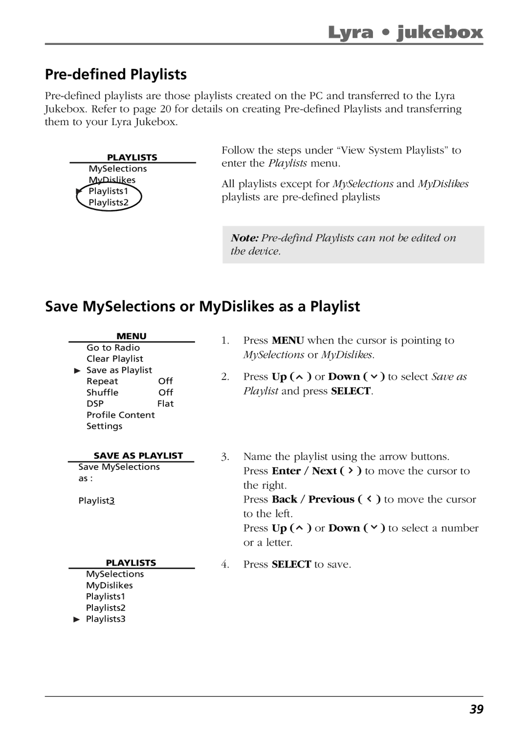 RCA RD2854, RD2850 manual Pre-defined Playlists, Save MySelections or MyDislikes as a Playlist 