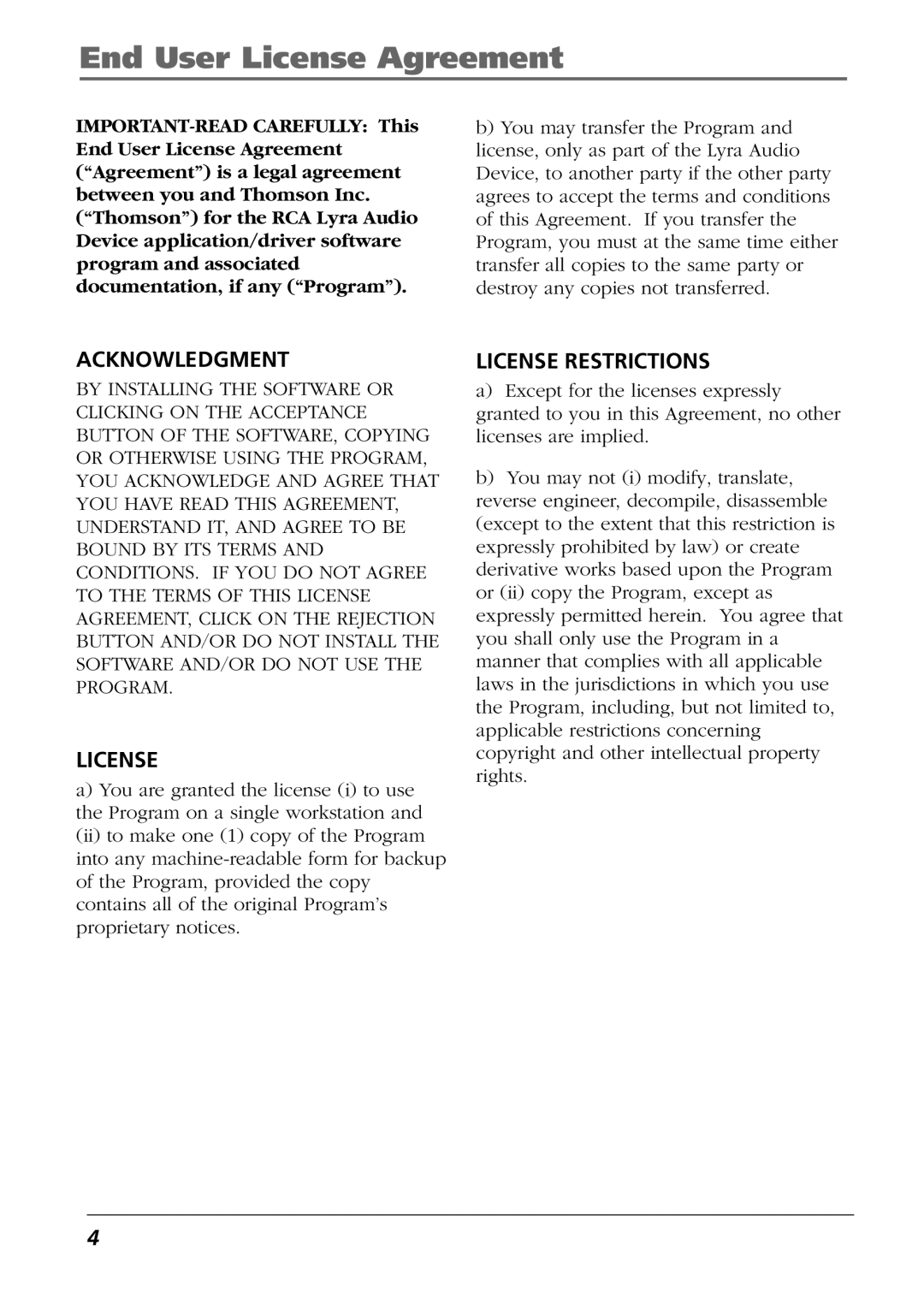 RCA RD2850, RD2854 manual End User License Agreement 