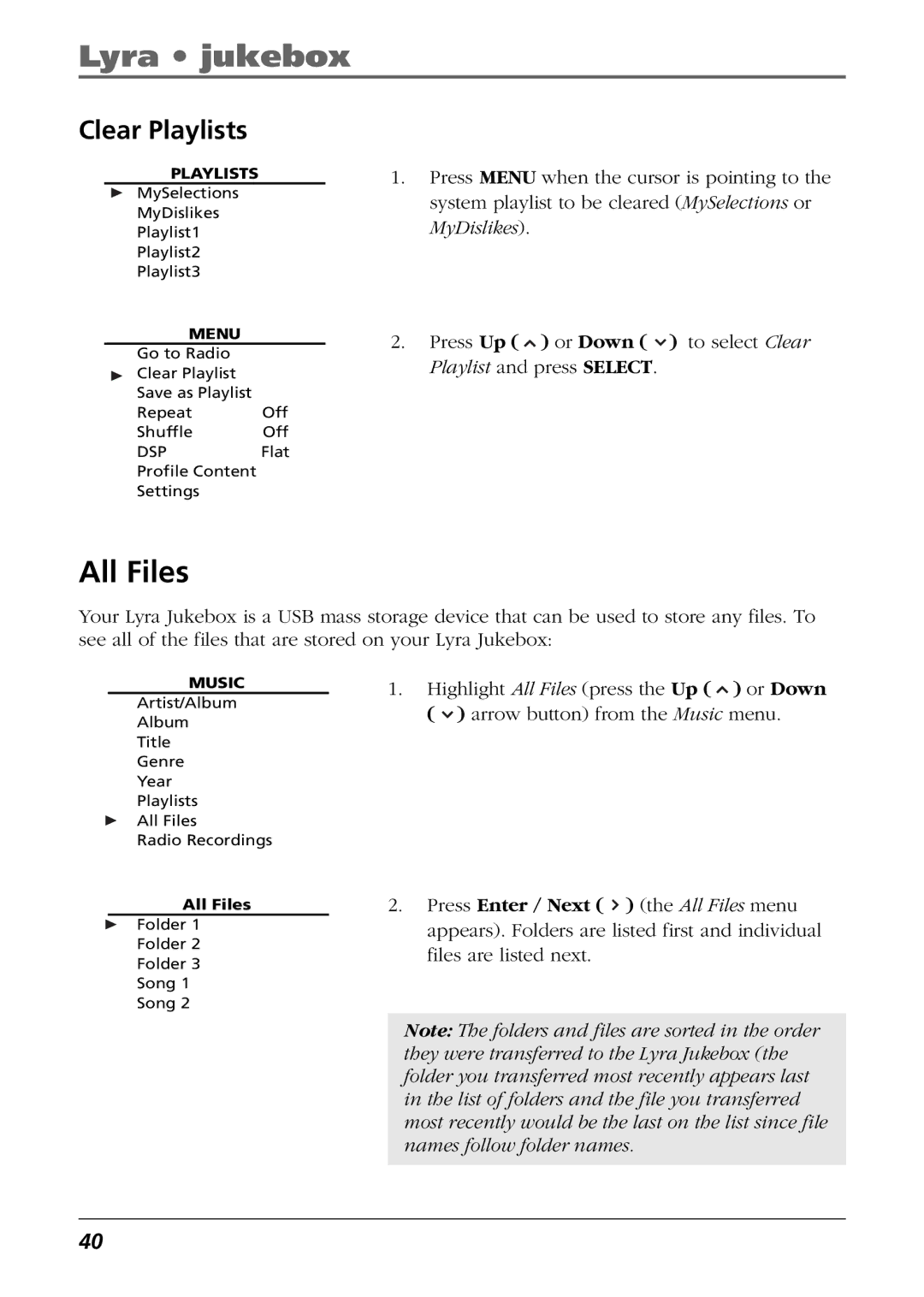 RCA RD2850, RD2854 manual All Files, Clear Playlists 