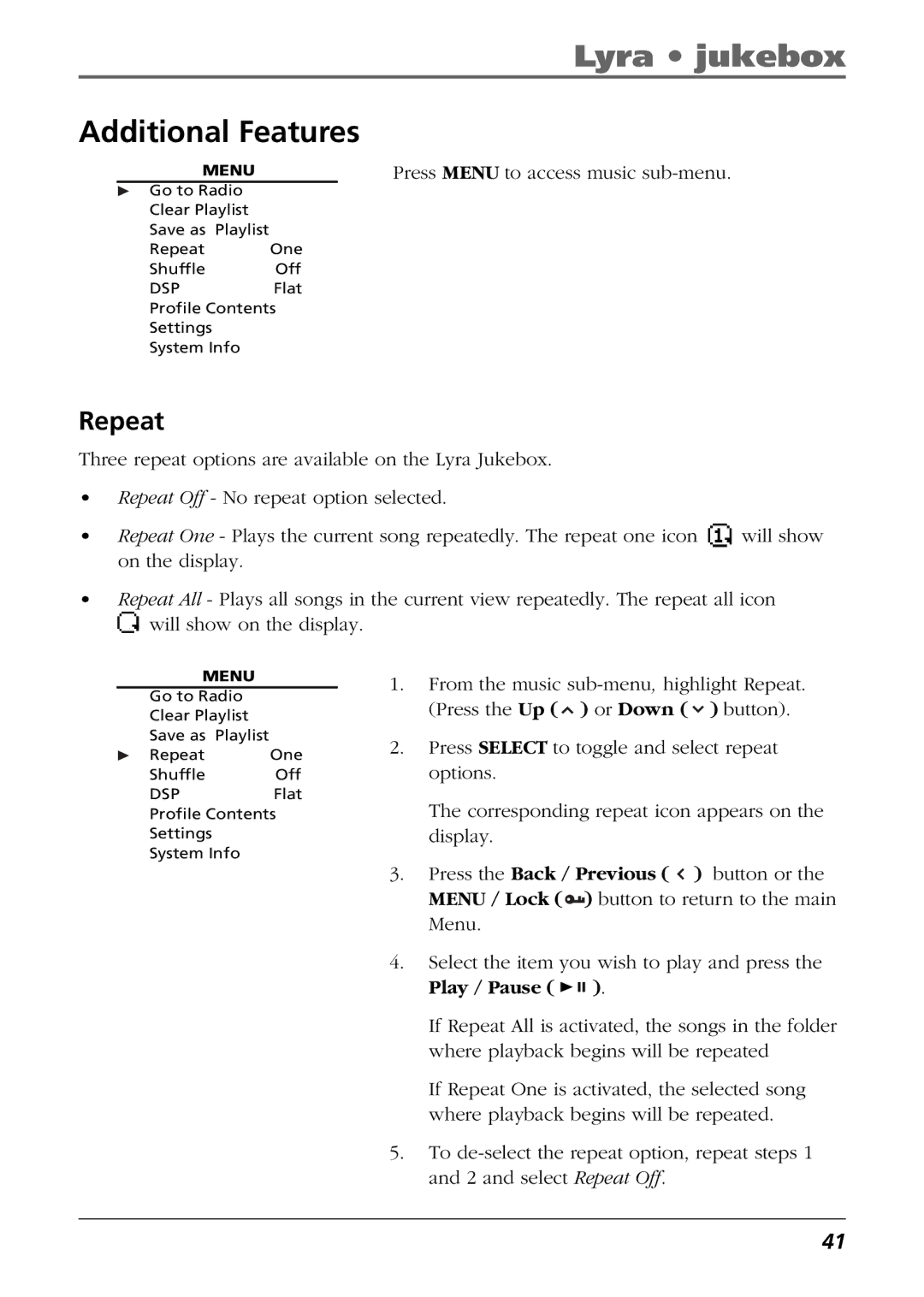 RCA RD2854, RD2850 manual Additional Features, Repeat 