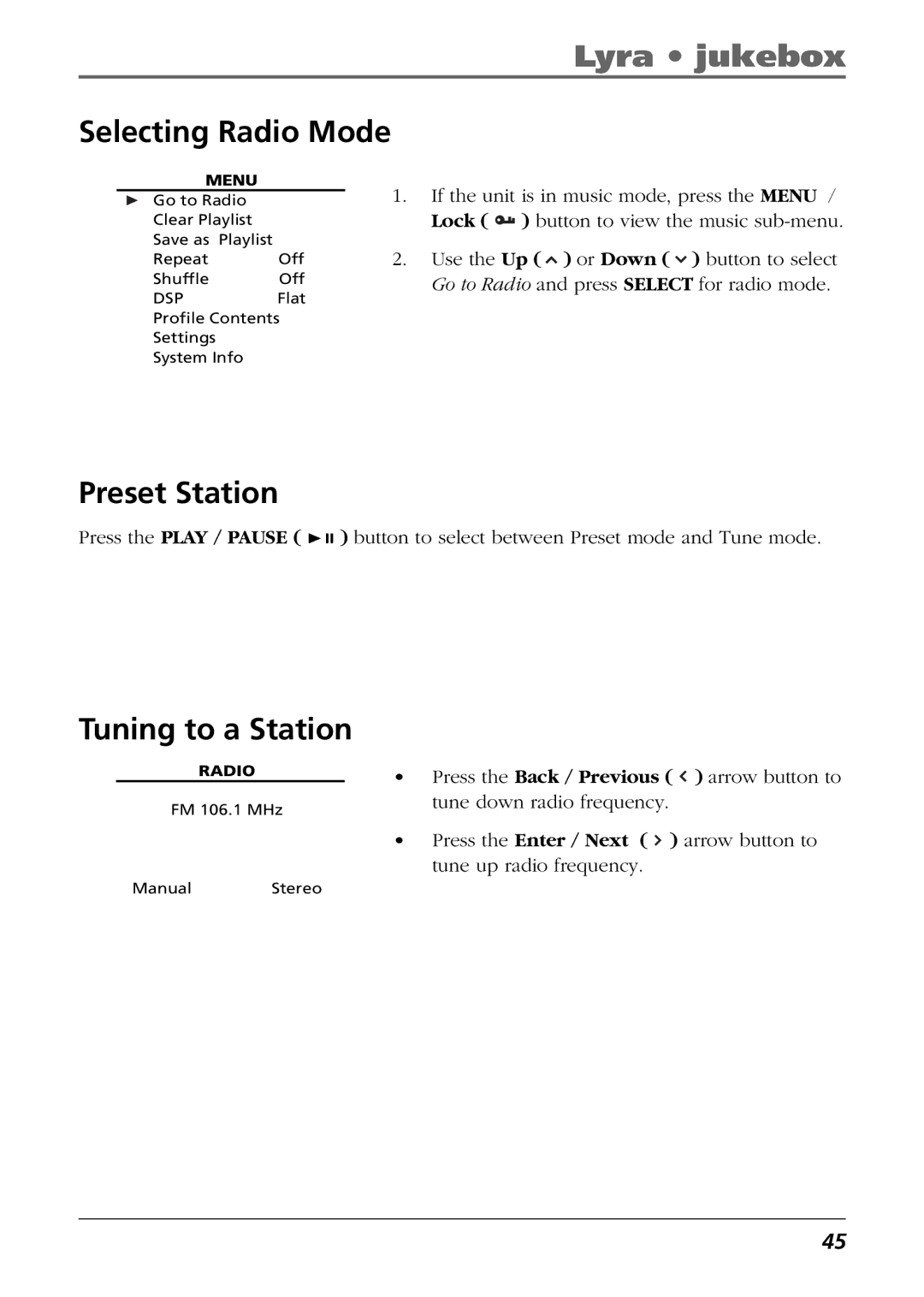 RCA RD2854, RD2850 manual Selecting Radio Mode, Preset Station, Tuning to a Station 