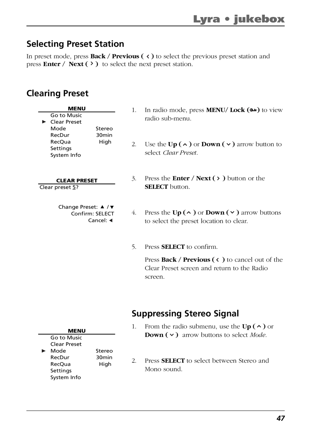 RCA RD2854, RD2850 manual Selecting Preset Station, Clearing Preset, Suppressing Stereo Signal 