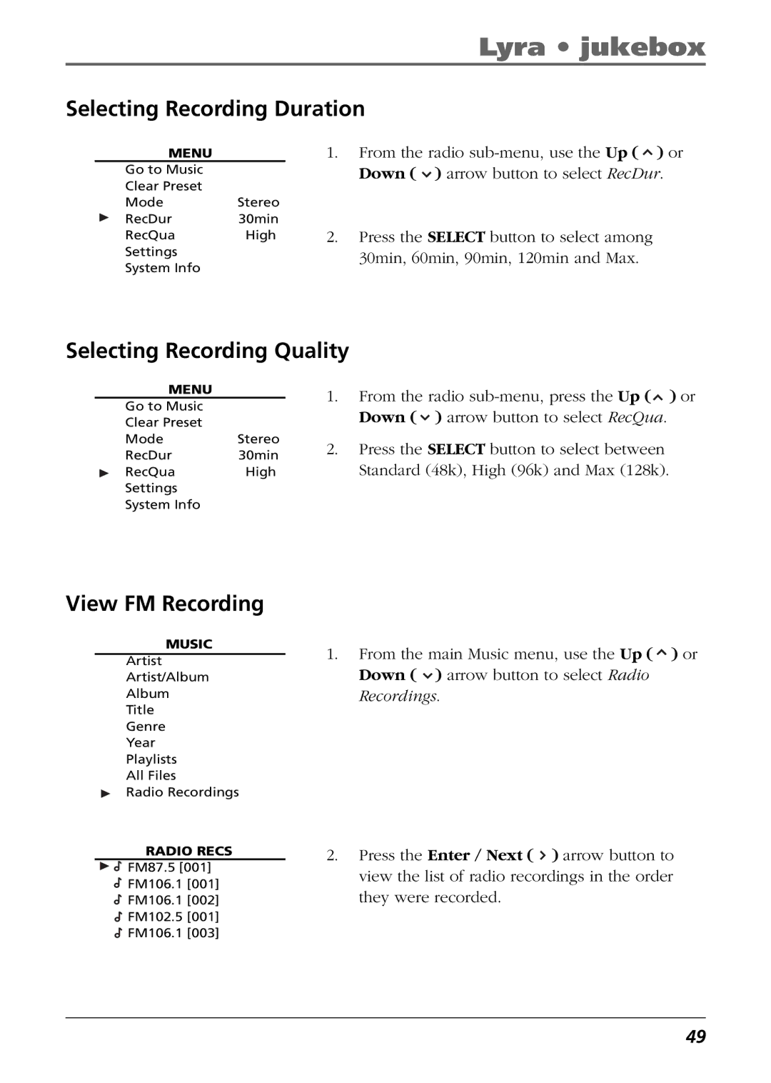 RCA RD2854, RD2850 manual Selecting Recording Duration, Selecting Recording Quality, View FM Recording 