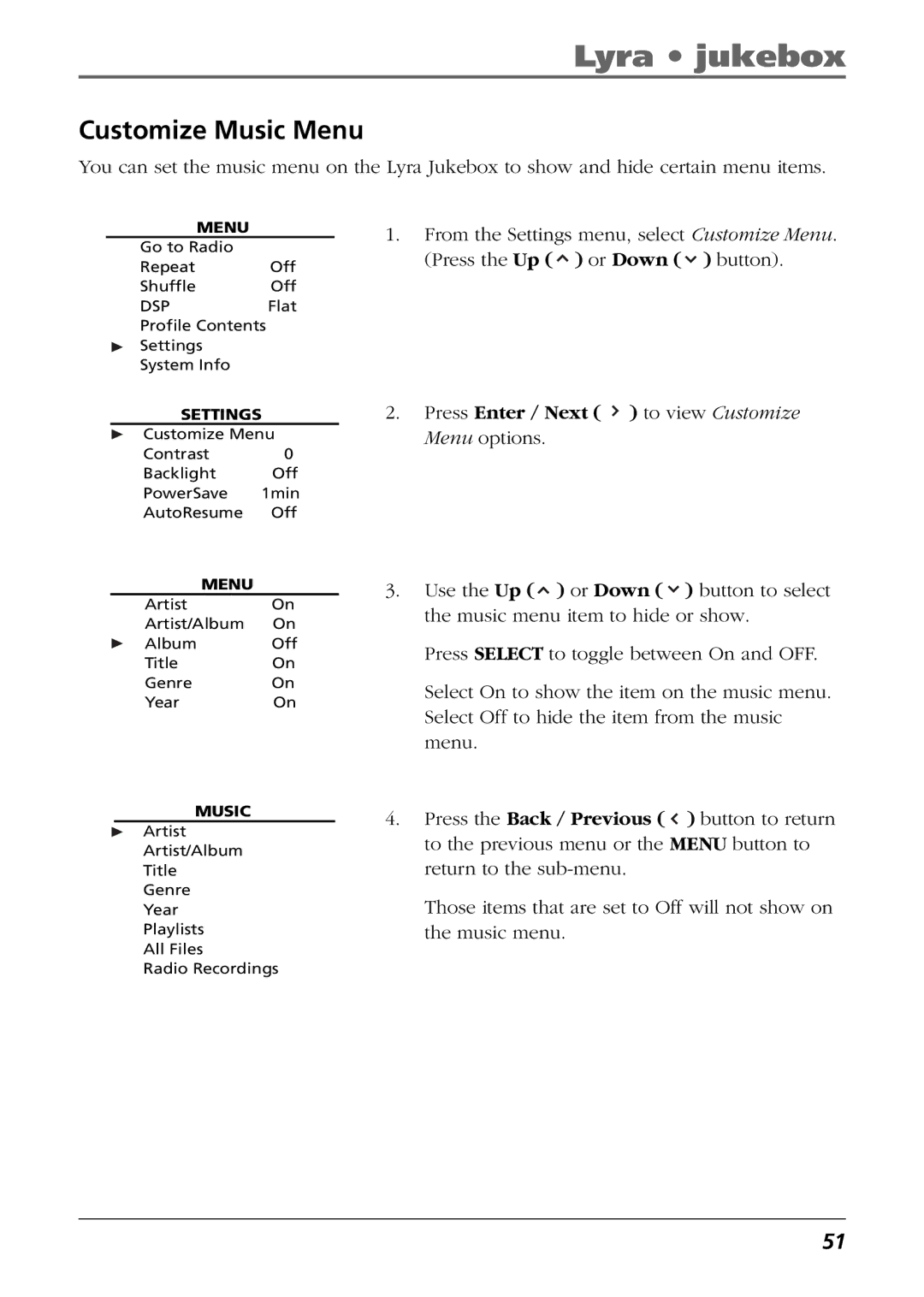 RCA RD2854, RD2850 manual Customize Music Menu, Press Enter / Next to view Customize Menu options 