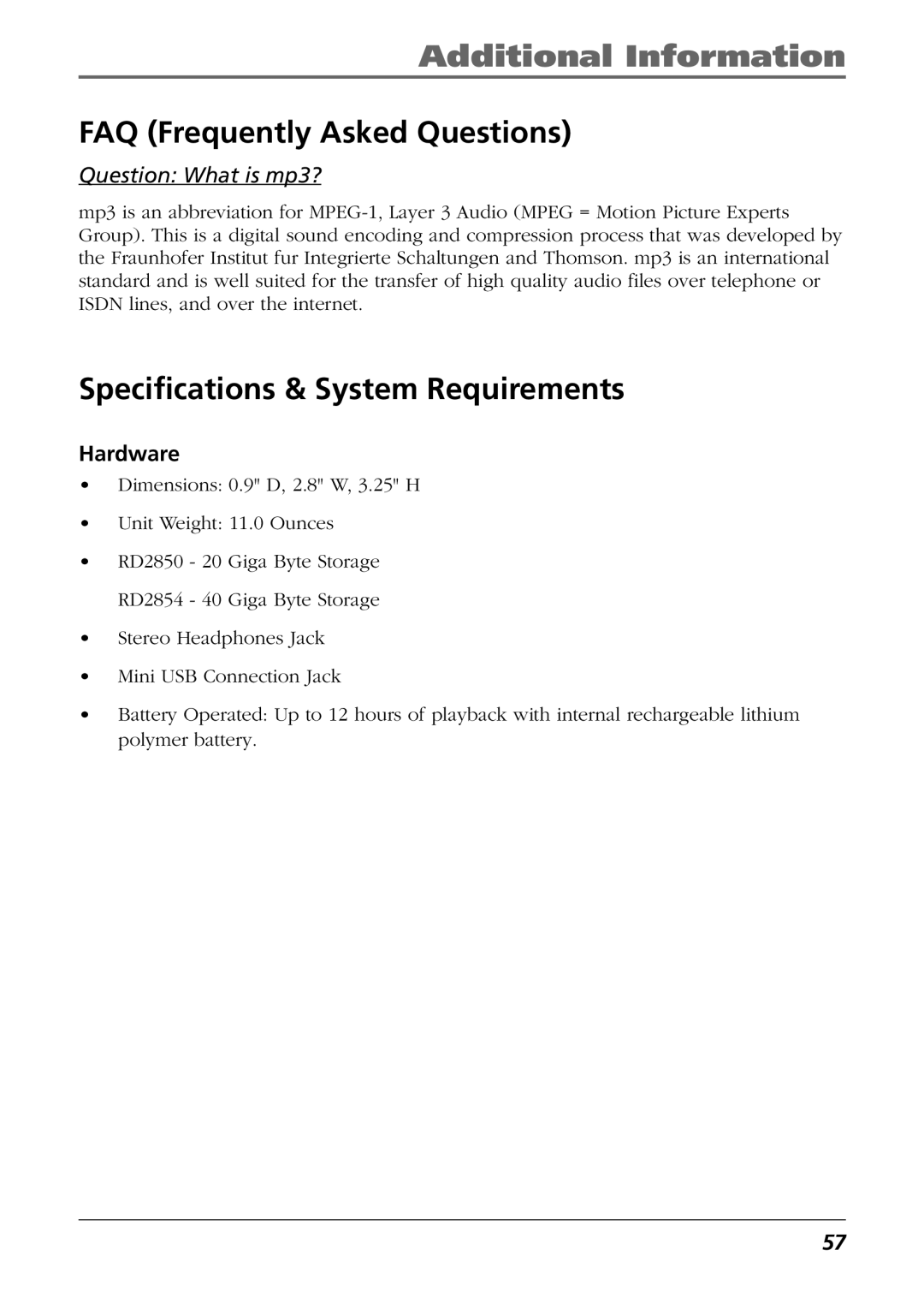 RCA RD2854, RD2850 manual FAQ Frequently Asked Questions, Specifications & System Requirements 