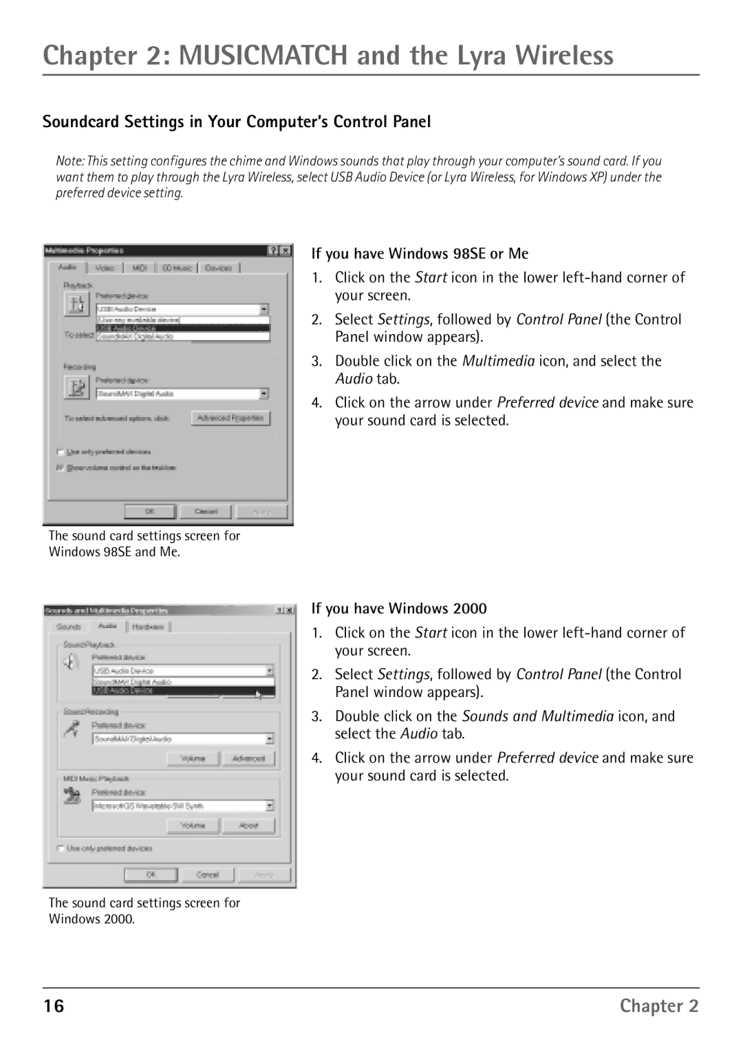 RCA RD900W manual Soundcard Settings in Your Computer’s Control Panel, If you have Windows 98SE or Me 