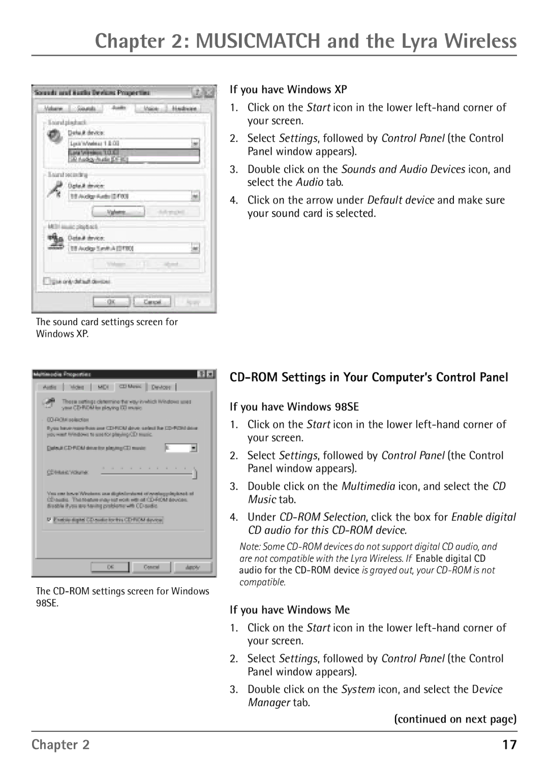 RCA RD900W CD-ROM Settings in Your Computer’s Control Panel, If you have Windows 98SE, If you have Windows Me, On next 