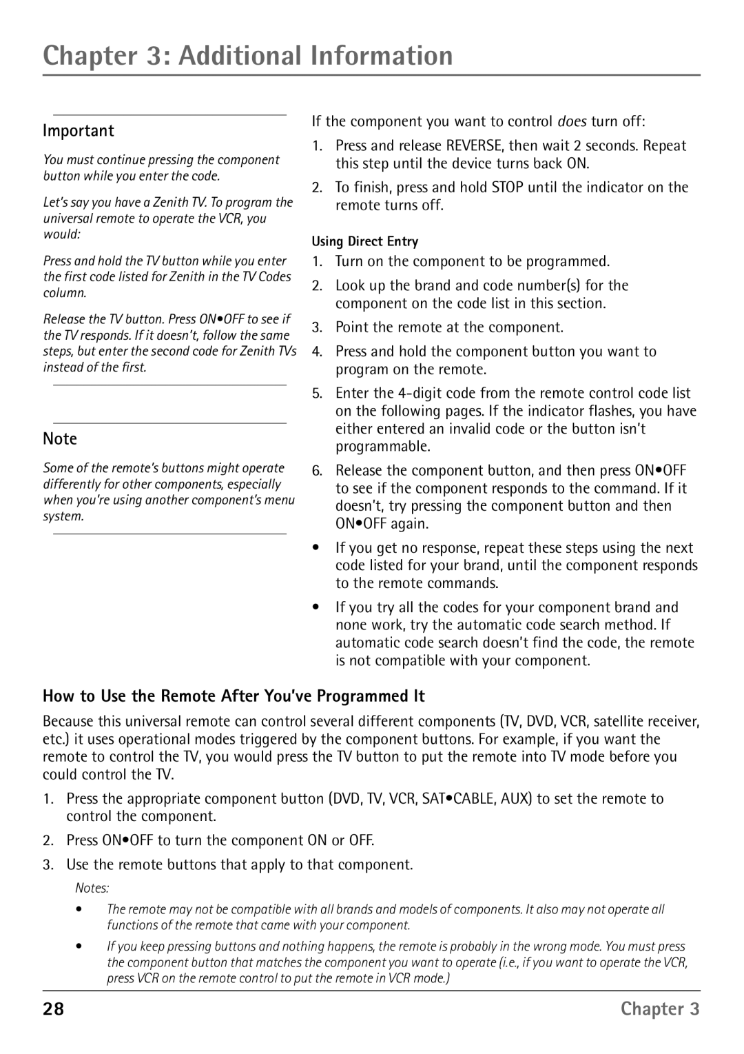 RCA RD900W manual How to Use the Remote After You’ve Programmed It, If the component you want to control does turn off 