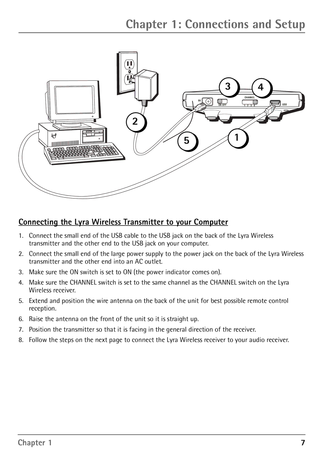 RCA RD900W manual Connections and Setup, Connecting the Lyra Wireless Transmitter to your Computer 