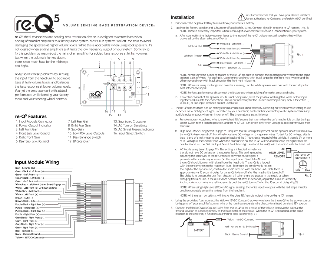 RCA re-Q5 manual Re-Q 5 Features, Input Module Wiring, Installation, Battery 