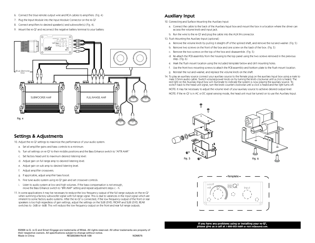 RCA re-Q5 manual Auxiliary Input, Settings & Adjustments, Subwoofer AMP, Template 