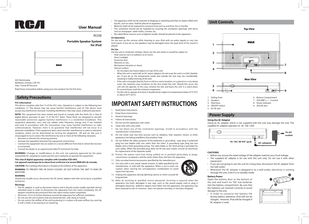 RCA Ri338 important safety instructions Safety Precautions, Power Supply 