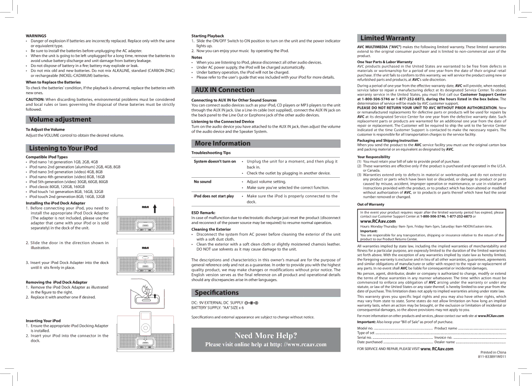 RCA Ri338 Volume adjustment, Listening to Your iPod, AUX in Connection, More Information, Specifications, Limited Warranty 