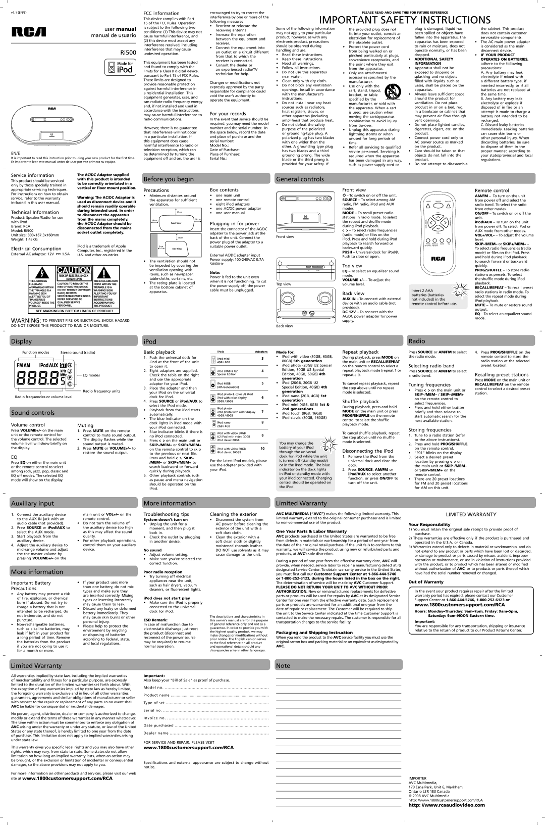 RCA RI500 user manual Ri500, Before you begin, General controls, Display, Sound controls, IPod, Radio, Auxiliary input 