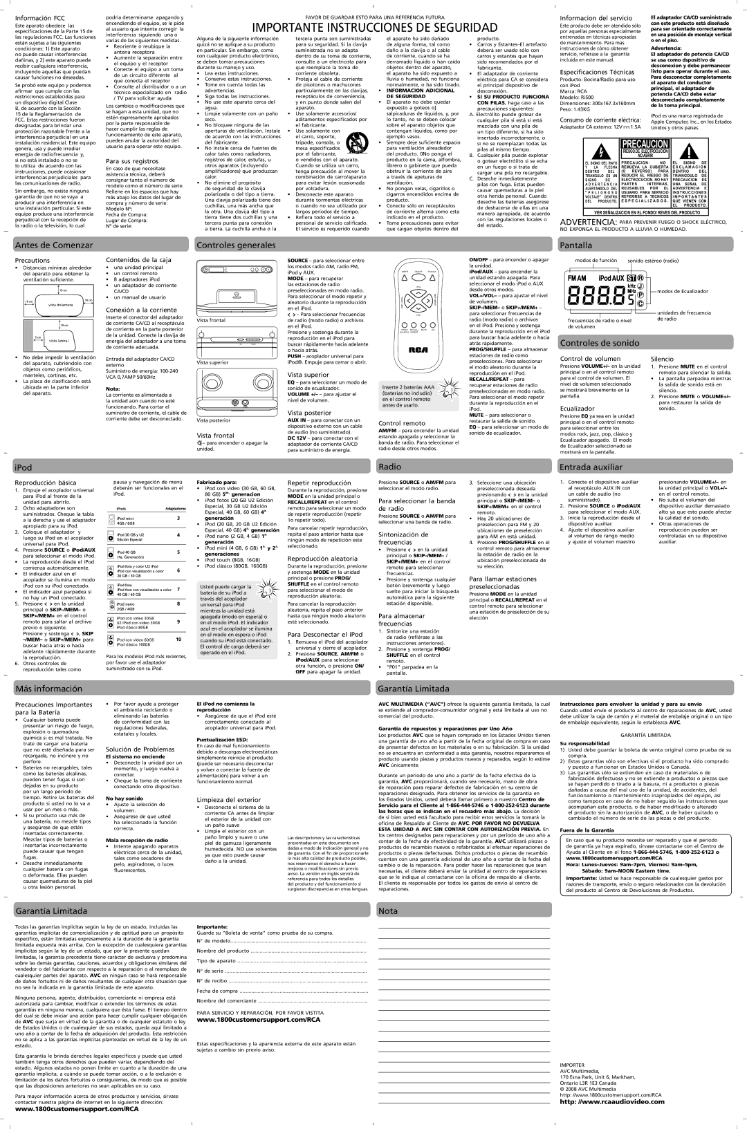 RCA RI500 Antes de Comenzar, Controles generales, Pantalla, Controles de sonido, Entrada auxiliar, Más información, Nota 