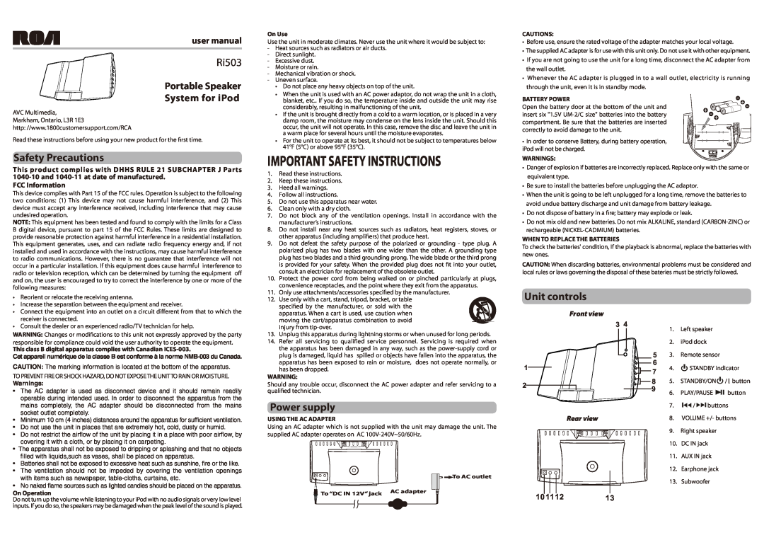 RCA 811-R50391W011, RI503 user manual Safety Precautions, Power supply, Unit controls, FCC Information, Ri503, Front view 