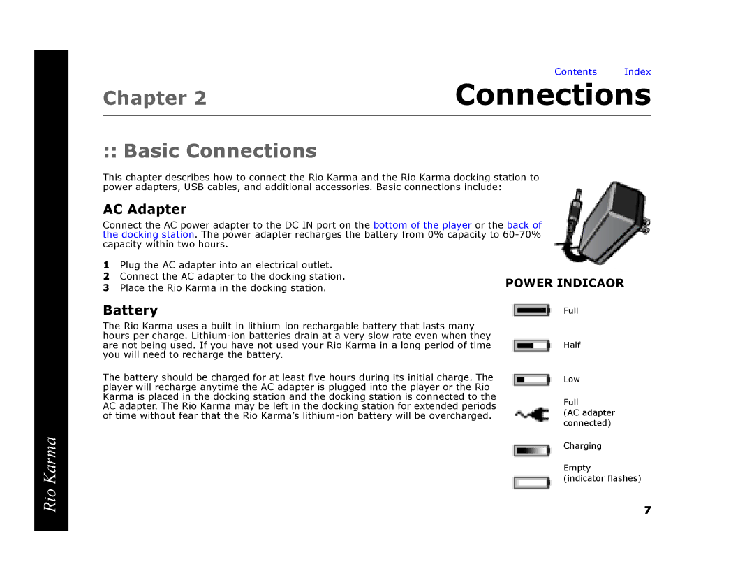 RCA Rio Karma manual Basic Connections, AC Adapter, Battery 