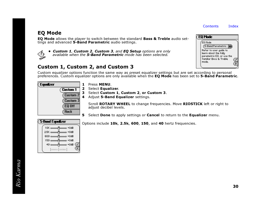 RCA Rio Karma manual EQ Mode, Custom 1, Custom 2, and Custom 