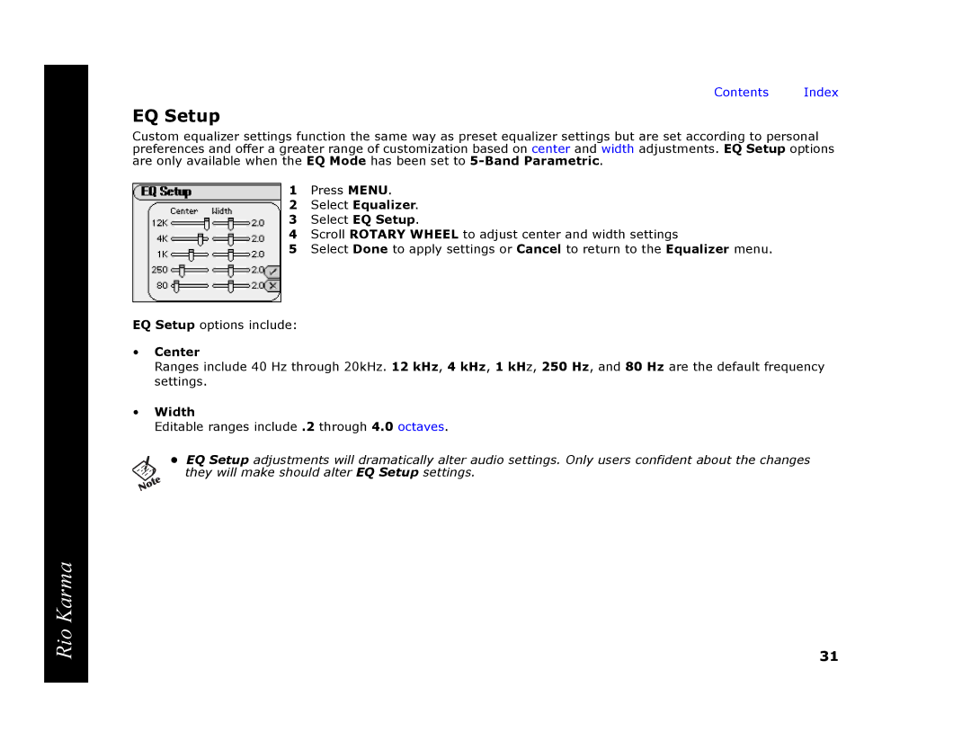 RCA Rio Karma manual EQ Setup, Center, Width 