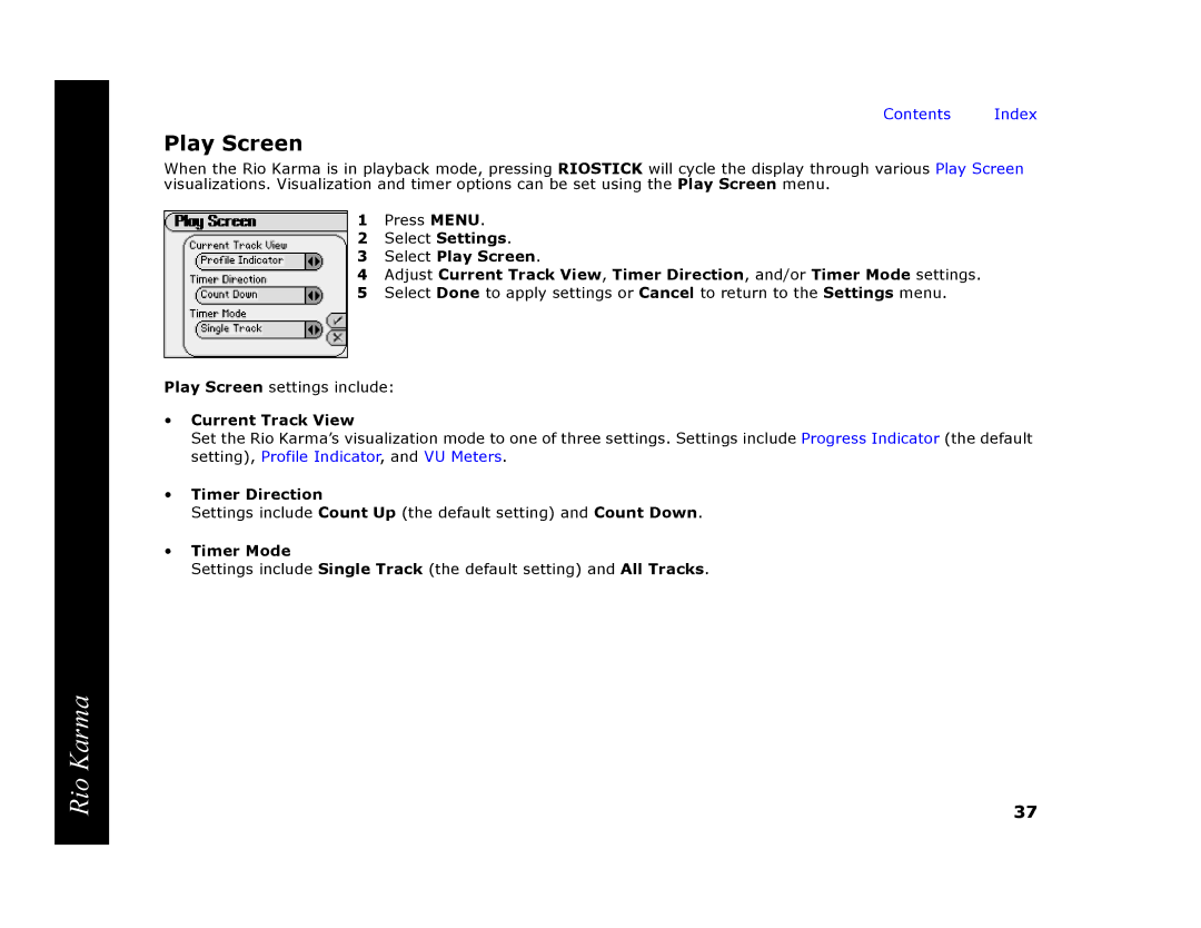 RCA Rio Karma manual Play Screen, Current Track View, Timer Direction, Timer Mode 