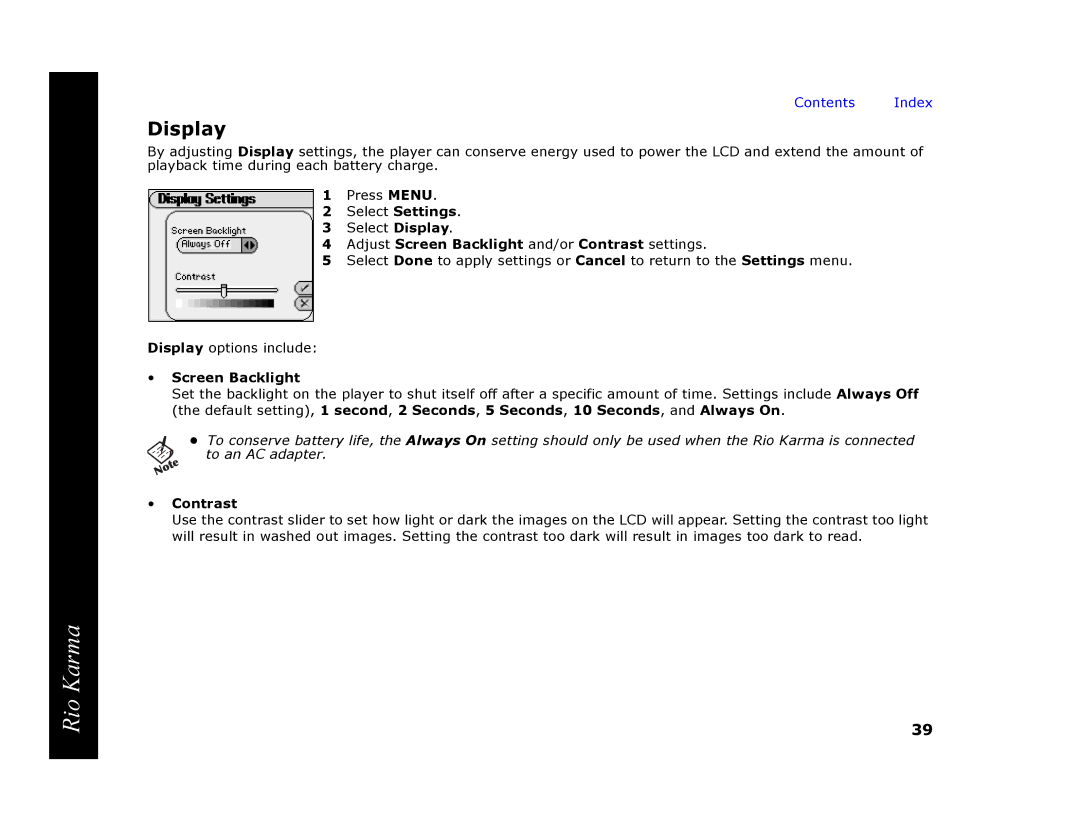 RCA Rio Karma manual Display, Adjust Screen Backlight and/or Contrast settings 