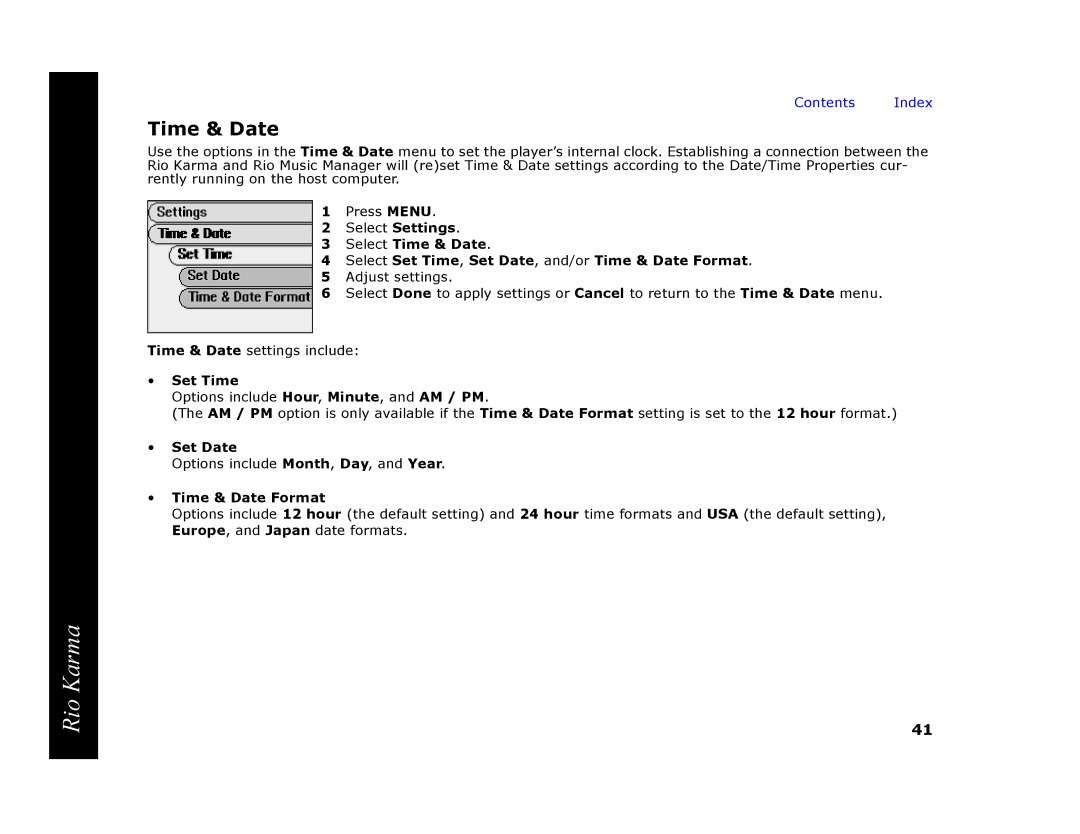 RCA Rio Karma manual Set Time, Set Date, Time & Date Format 