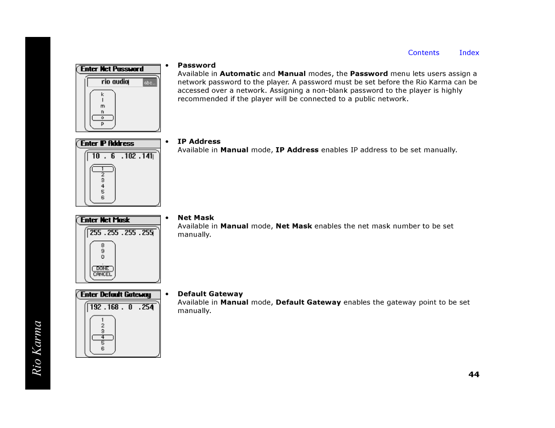 RCA Rio Karma manual Password, IP Address, Net Mask, Default Gateway 