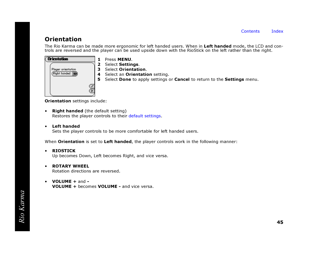 RCA Rio Karma manual Select Orientation, Left handed, Volume + 