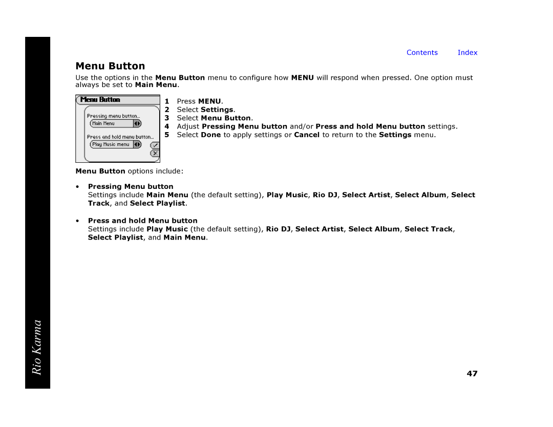 RCA Rio Karma manual Menu Button 
