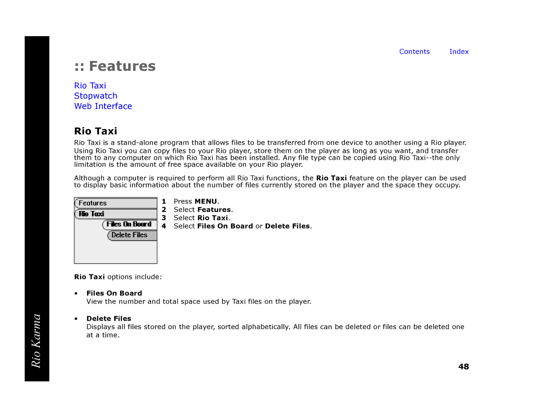 RCA Rio Karma manual Features, Rio Taxi, Select Files On Board or Delete Files 