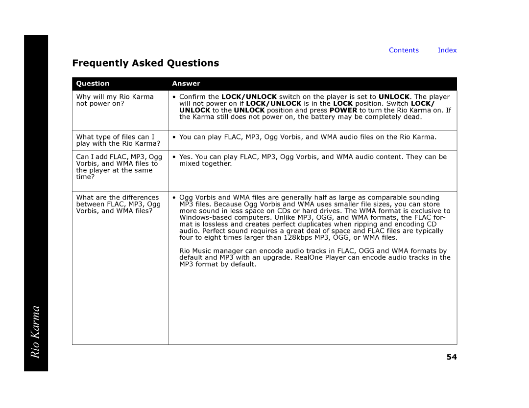 RCA Rio Karma manual Frequently Asked Questions, Question Answer 