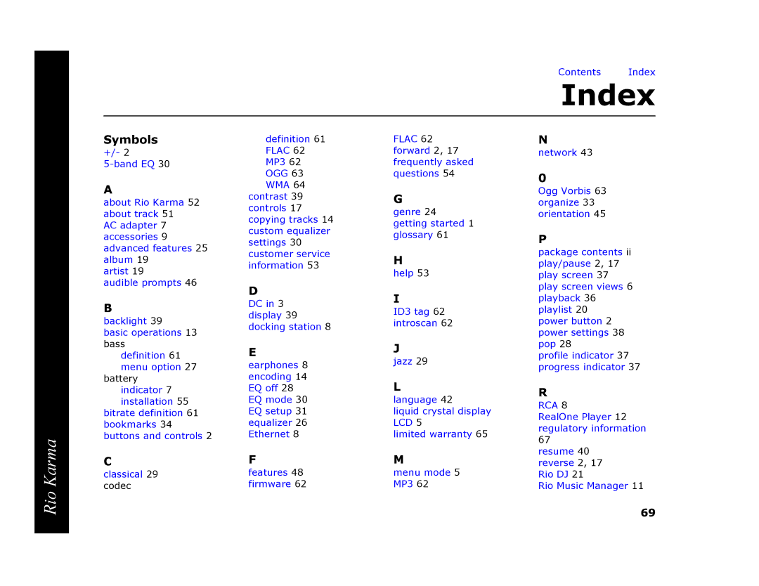 RCA Rio Karma manual Index 