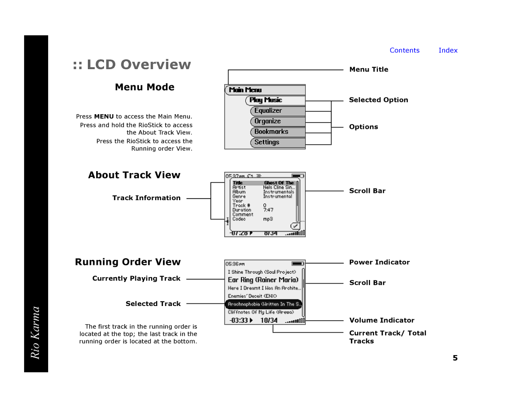 RCA Rio Karma manual LCD Overview, Menu Mode, About Track View, Running Order View 