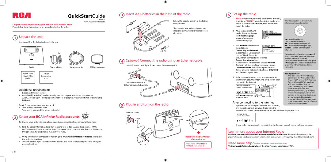 RCA RIR200 quick start Unpack the unit, Optional Connect the radio using an Ethernet cable, Additional requirements 