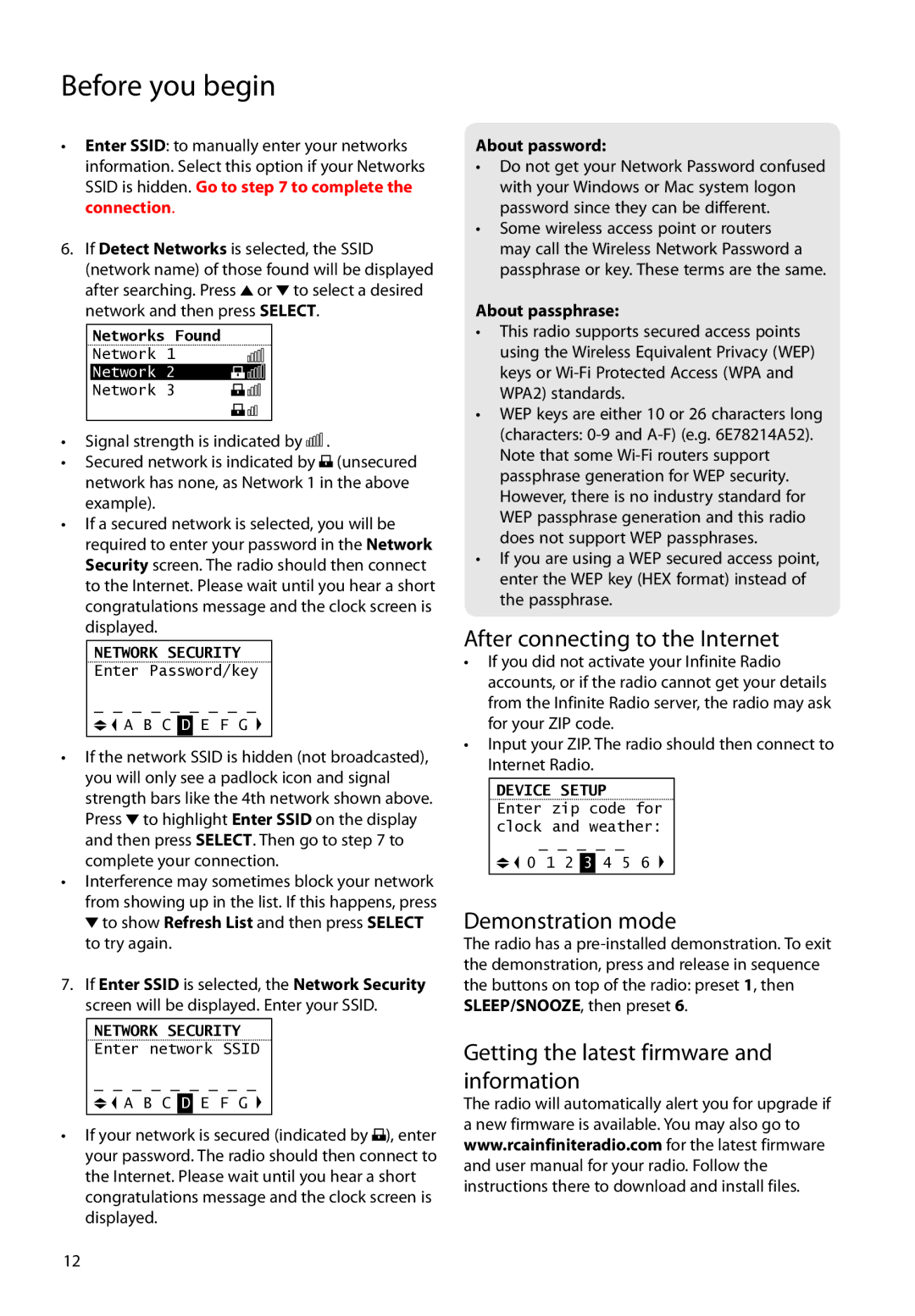 RCA RIR205 user manual After connecting to the Internet, Demonstration mode, Getting the latest firmware and information 