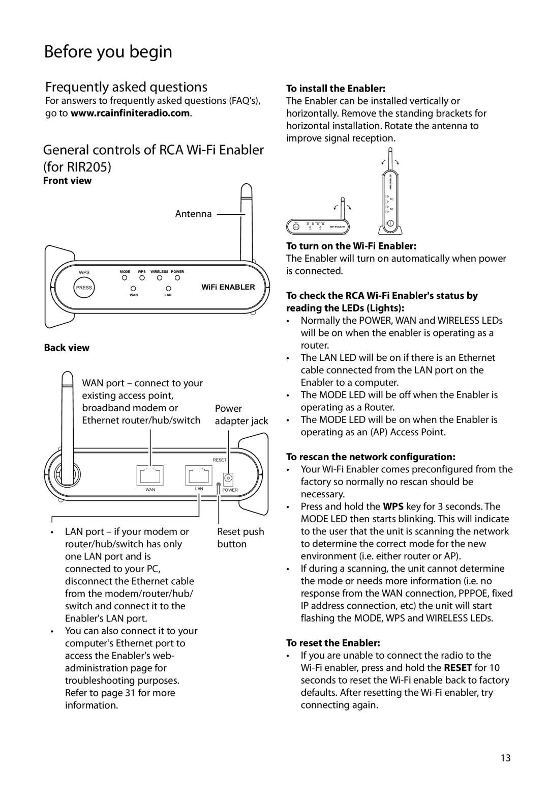 RCA RIR205 user manual Front view, Back view, To install the Enabler, To turn on the Wi-Fi Enabler, To reset the Enabler 