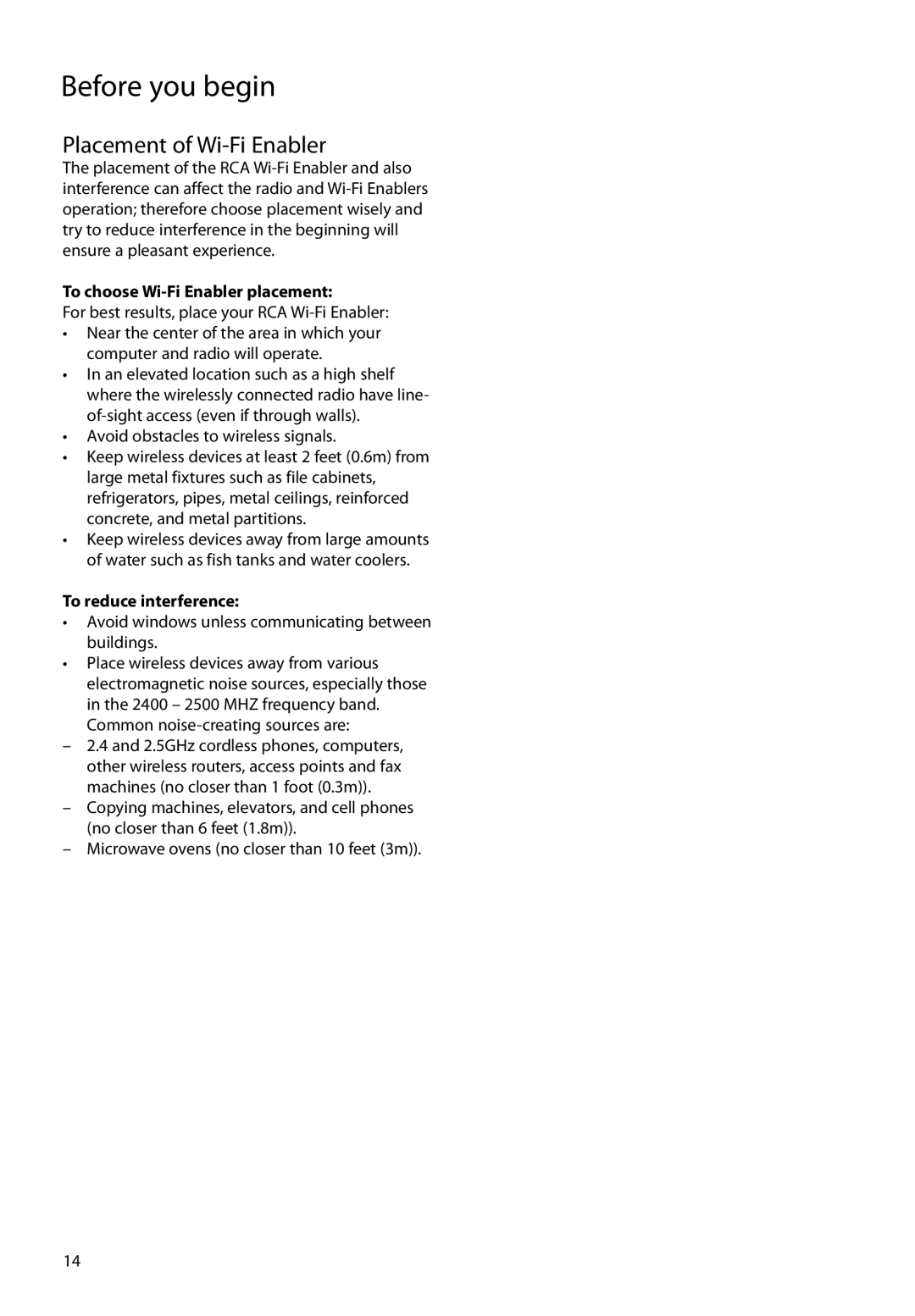 RCA RIR205 user manual Placement of Wi-Fi Enabler, To choose Wi-Fi Enabler placement, To reduce interference 