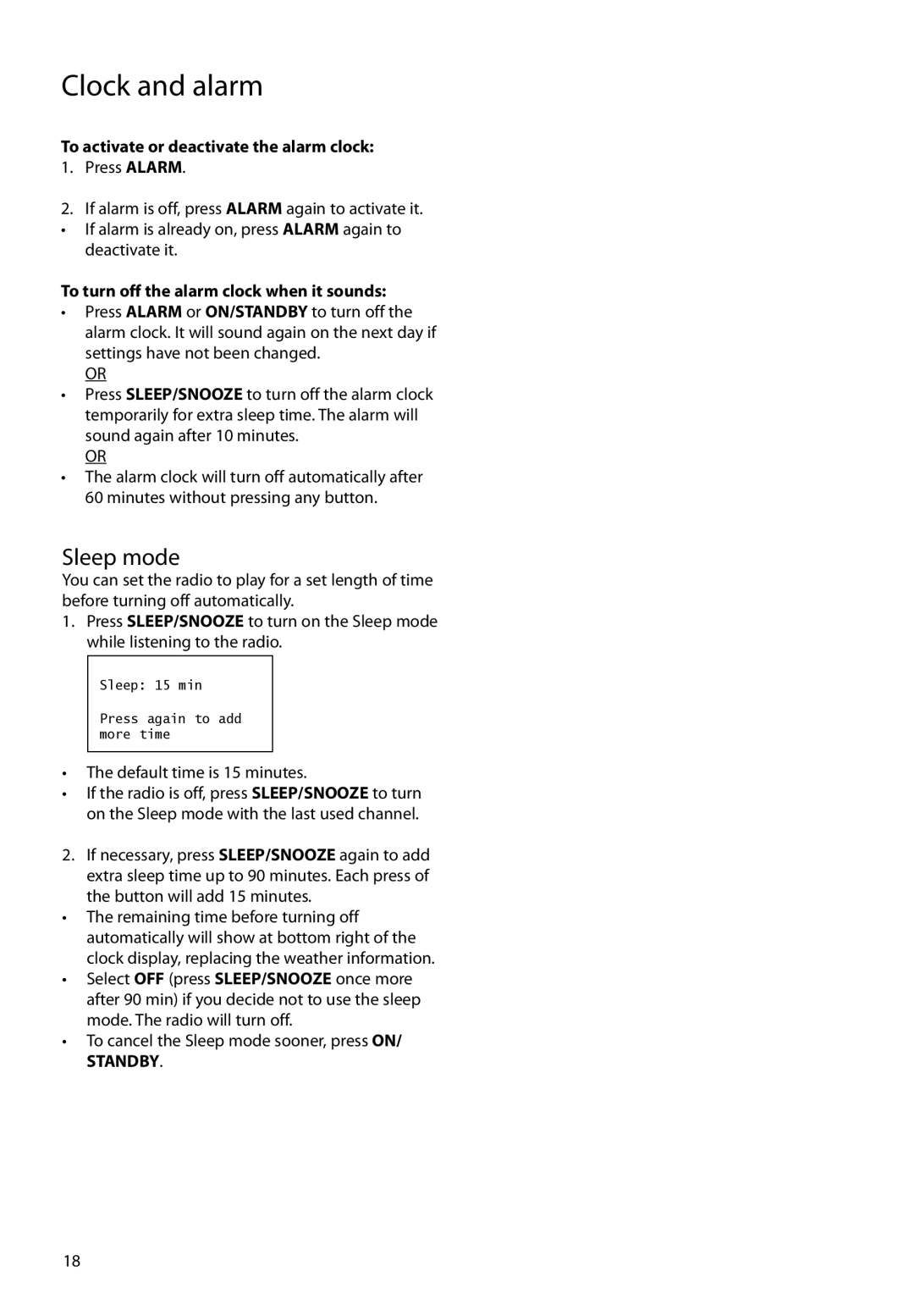 RCA RIR205 user manual Sleep mode, To activate or deactivate the alarm clock, To turn off the alarm clock when it sounds 